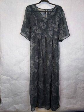 Project Eve Faux Wrap Sheer Maxi Dress Women M Grey Tiger Print Lined Boho Fairy
